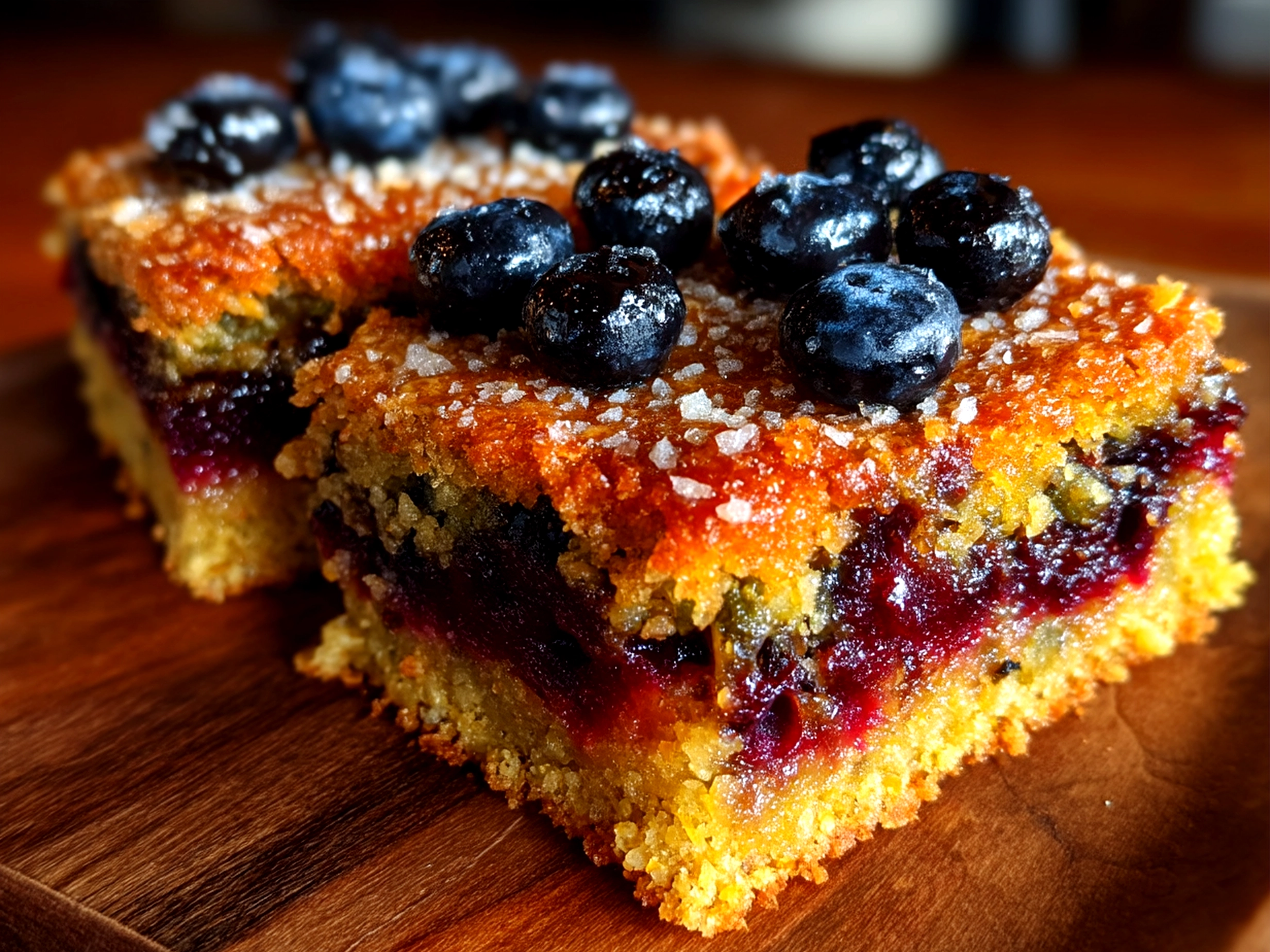 Finished Sourdough Blueberry Breakfast Bars served on a white plate ready to be enjoyed
