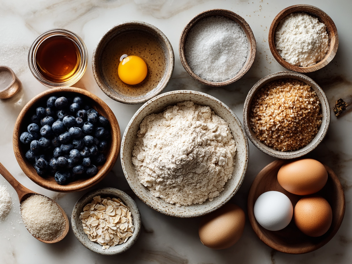 Ingredients for making Sourdough Blueberry Breakfast Bars including sourdough starter, fresh blueberries, whole wheat flour, oats, honey, eggs, yogurt, cinnamon, vanilla, baking powder, baking soda, salt, and coconut oil