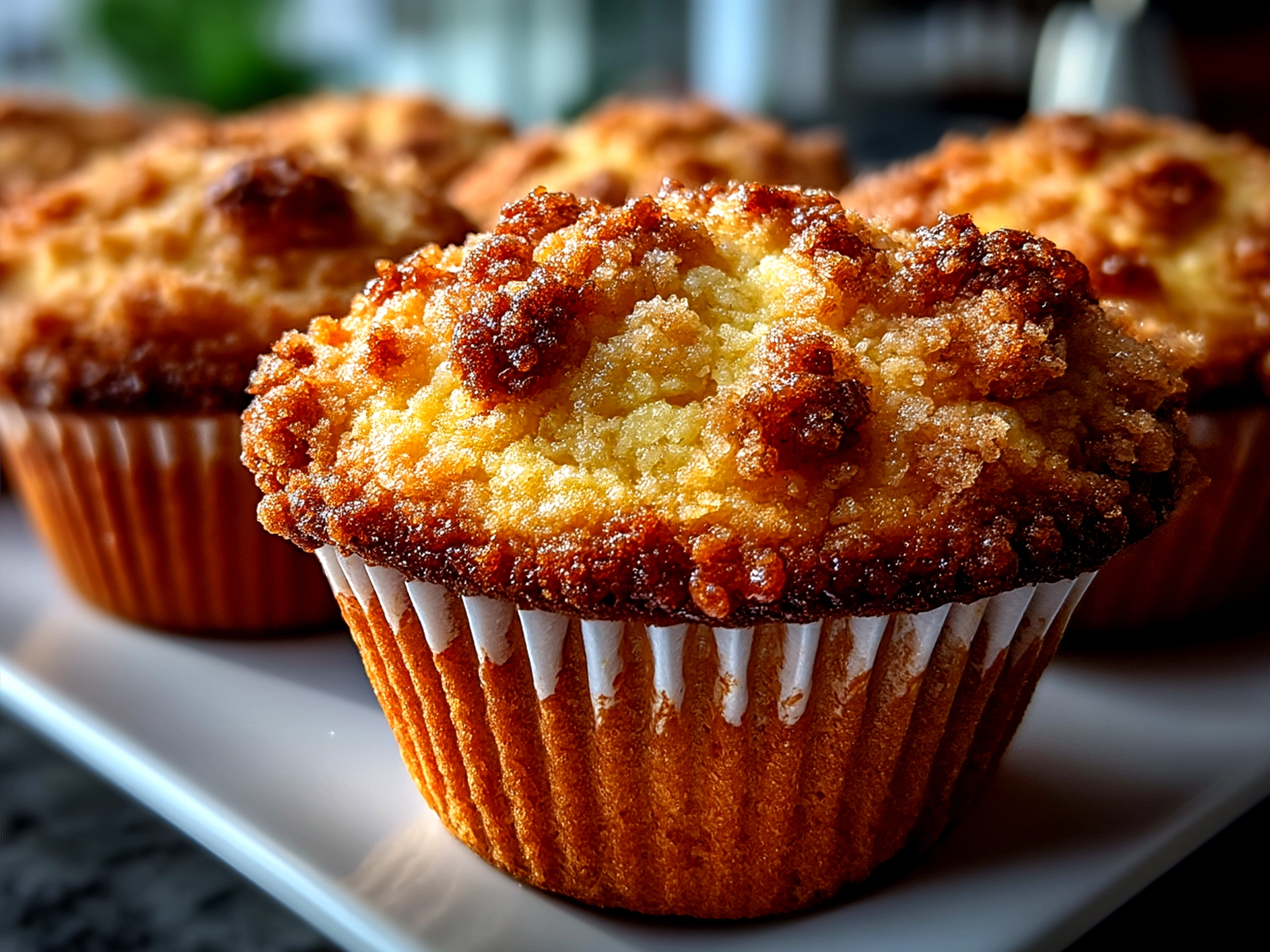 Serving plate with Sourdough Coffee Cake Muffins alongside coffee ready to enjoy