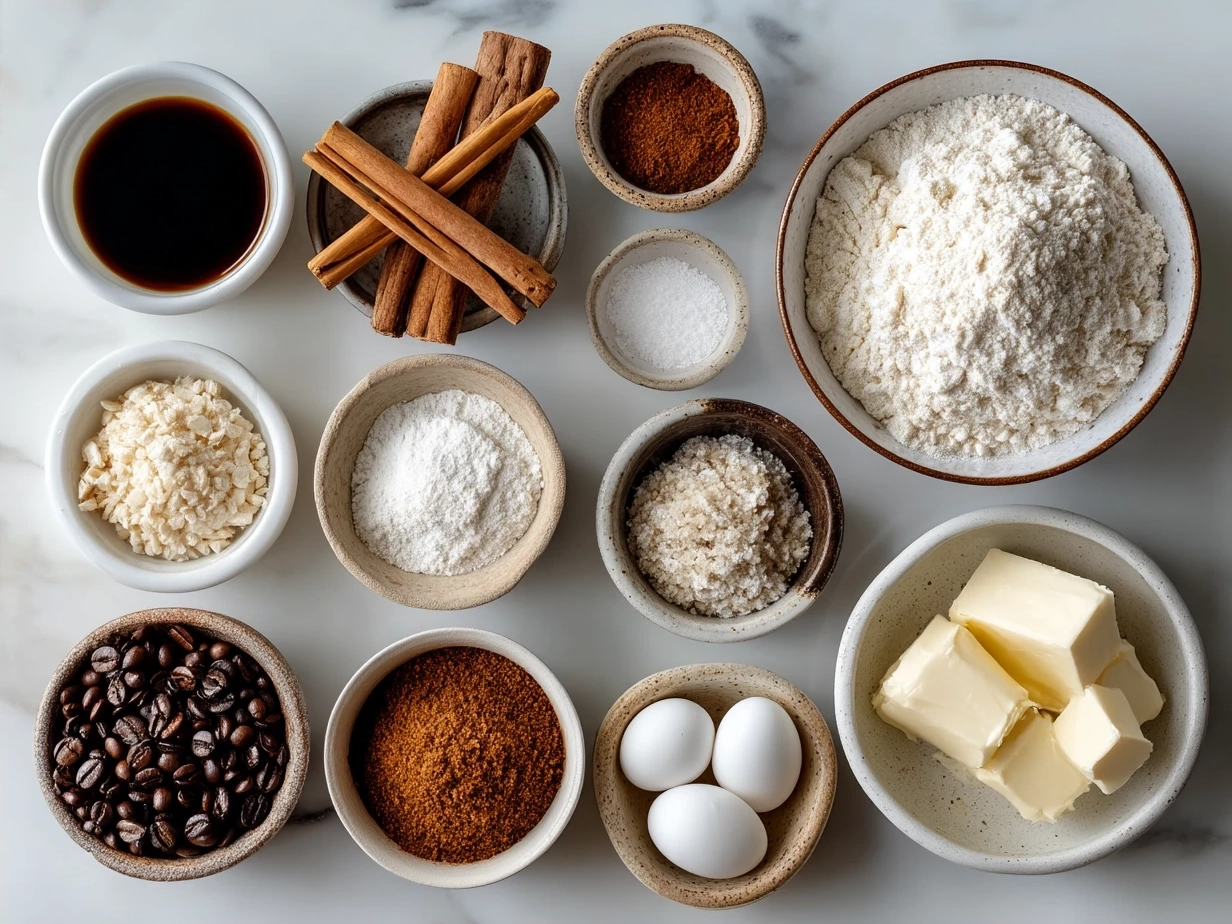 Ingredients for Sourdough Coffee Cake Muffins including flour, sourdough starter, sugars, spices, butter, egg, and buttermilk