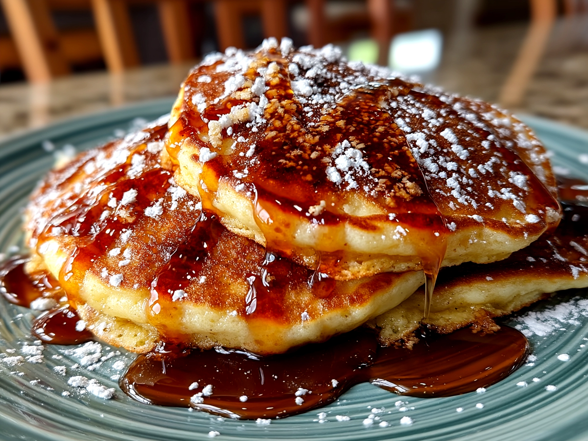Stack of Spanish Churro-Inspired Pancakes dusted with cinnamon sugar and served with butter.