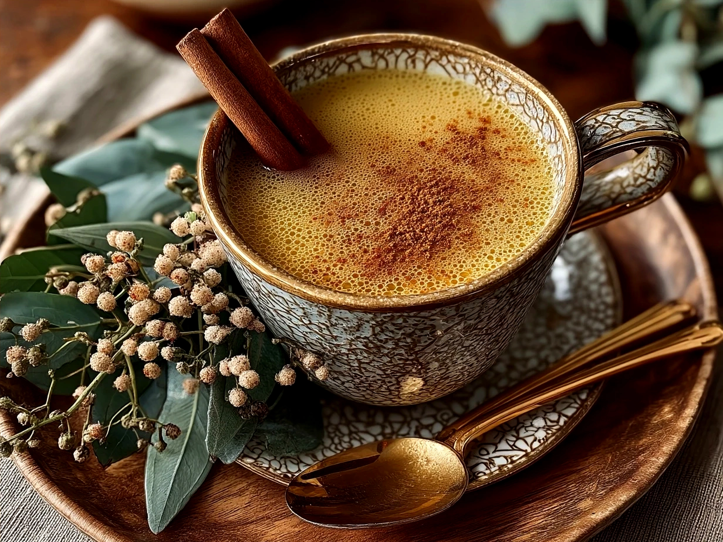 A rustic mug filled with Spiced Hot Apple Cider garnished with a cinnamon stick and orange slice on a cozy tabletop