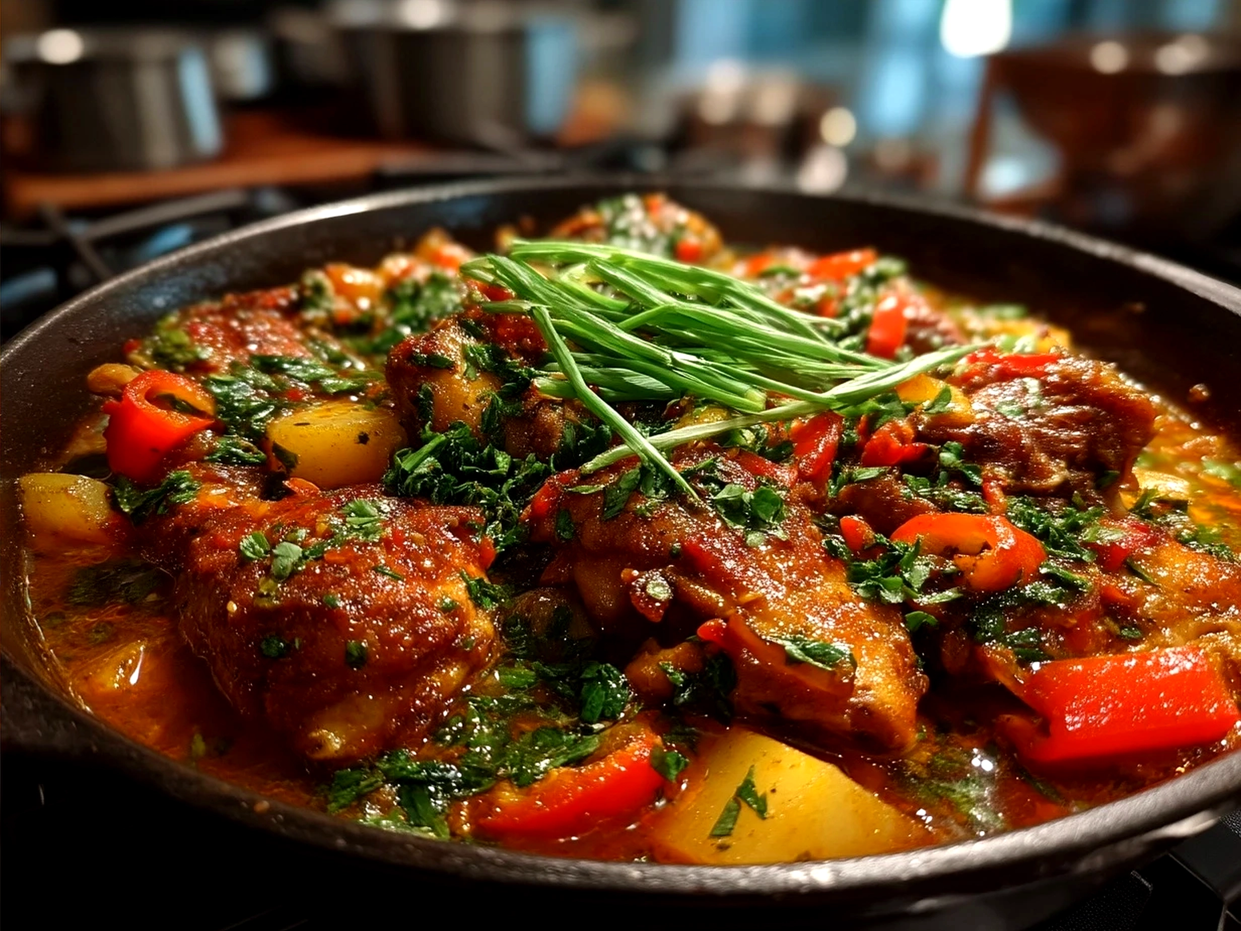 Serving of Spicy Nigerian Chicken Stew with rice and garnish