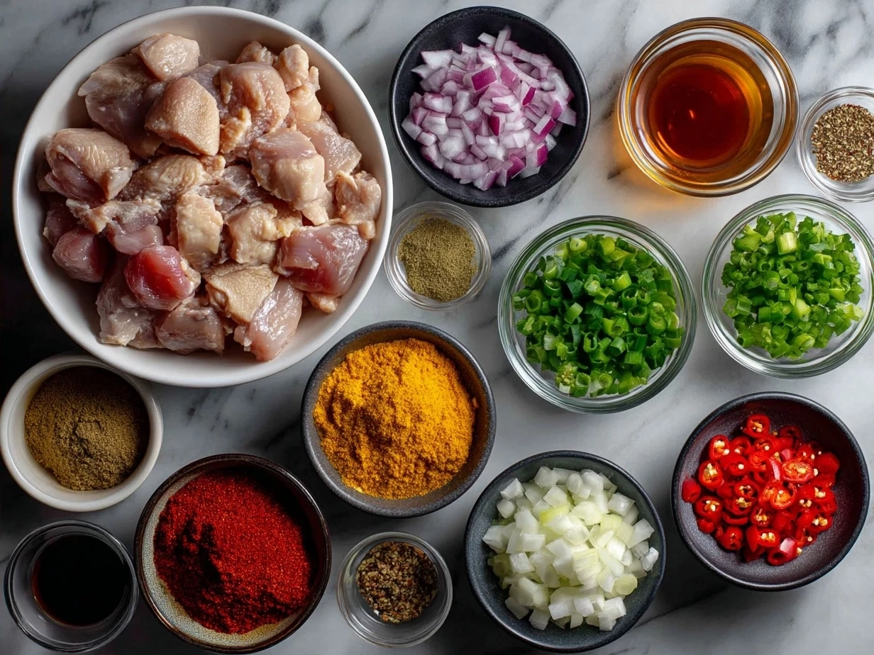 Ingredients for Spicy Nigerian Chicken Stew including chicken thighs, tomatoes, peppers, onions, and spices