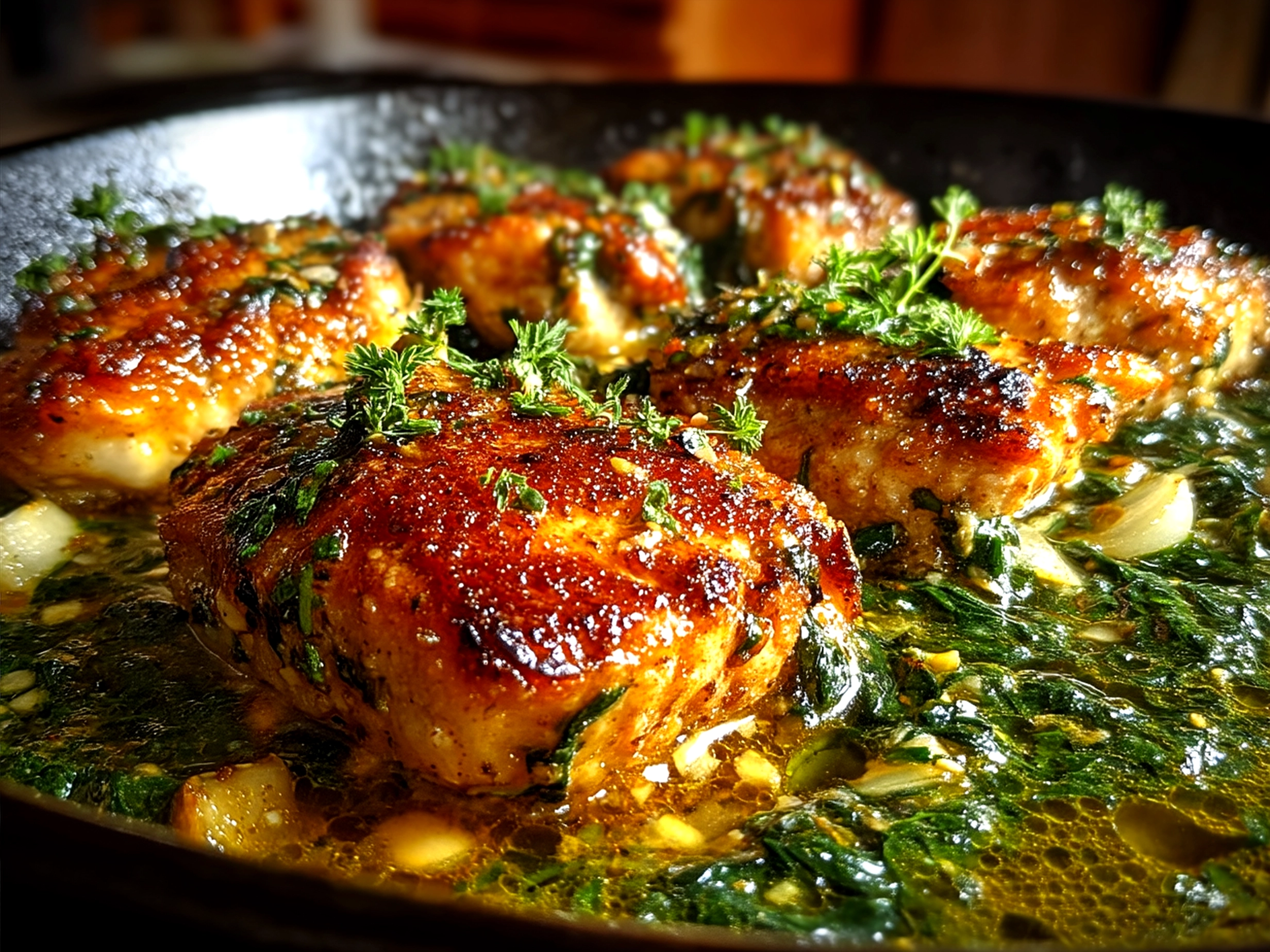 A plated serving of Spinach Garlic Chicken with creamy sauce and sides