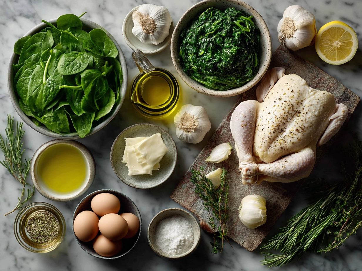 Ingredients for Spinach Garlic Chicken neatly arranged on a kitchen countertop