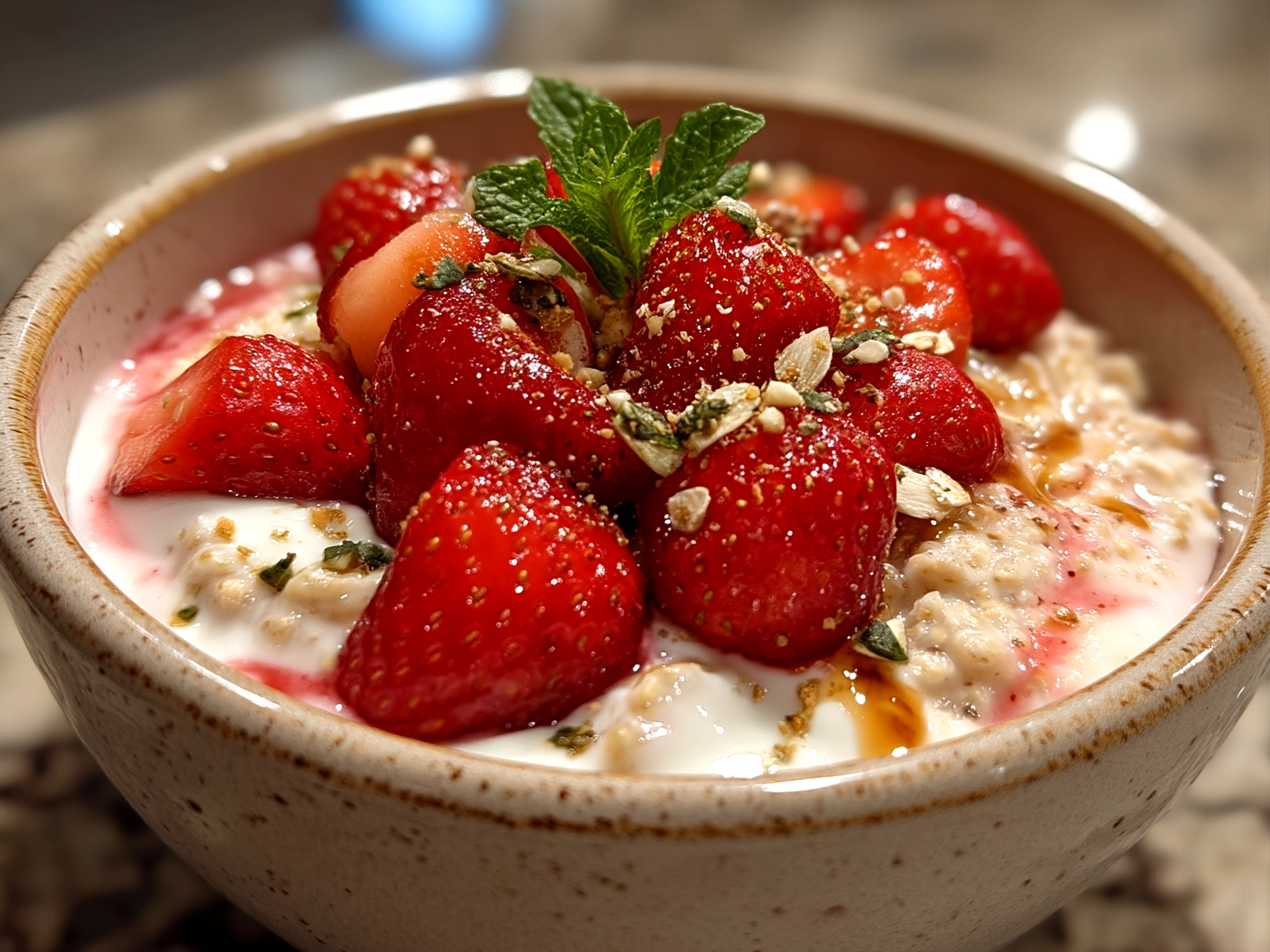 Serving of creamy Strawberry Cheesecake Overnight Oats topped with fresh strawberries ready for breakfast