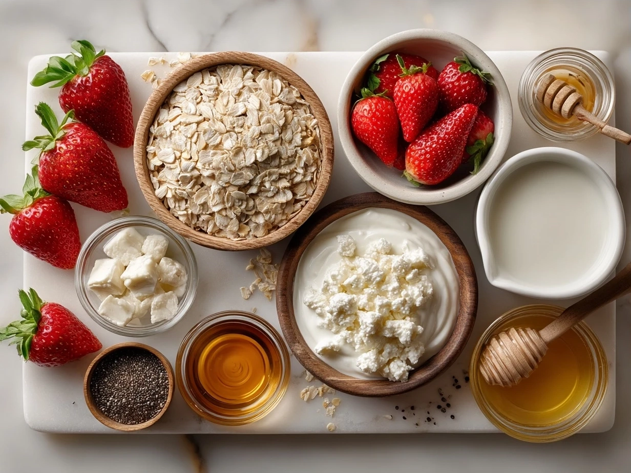 Ingredients for Strawberry Cheesecake Overnight Oats including rolled oats, Greek yogurt, strawberries, cream cheese, chia seeds, vanilla, honey, cinnamon, and salt