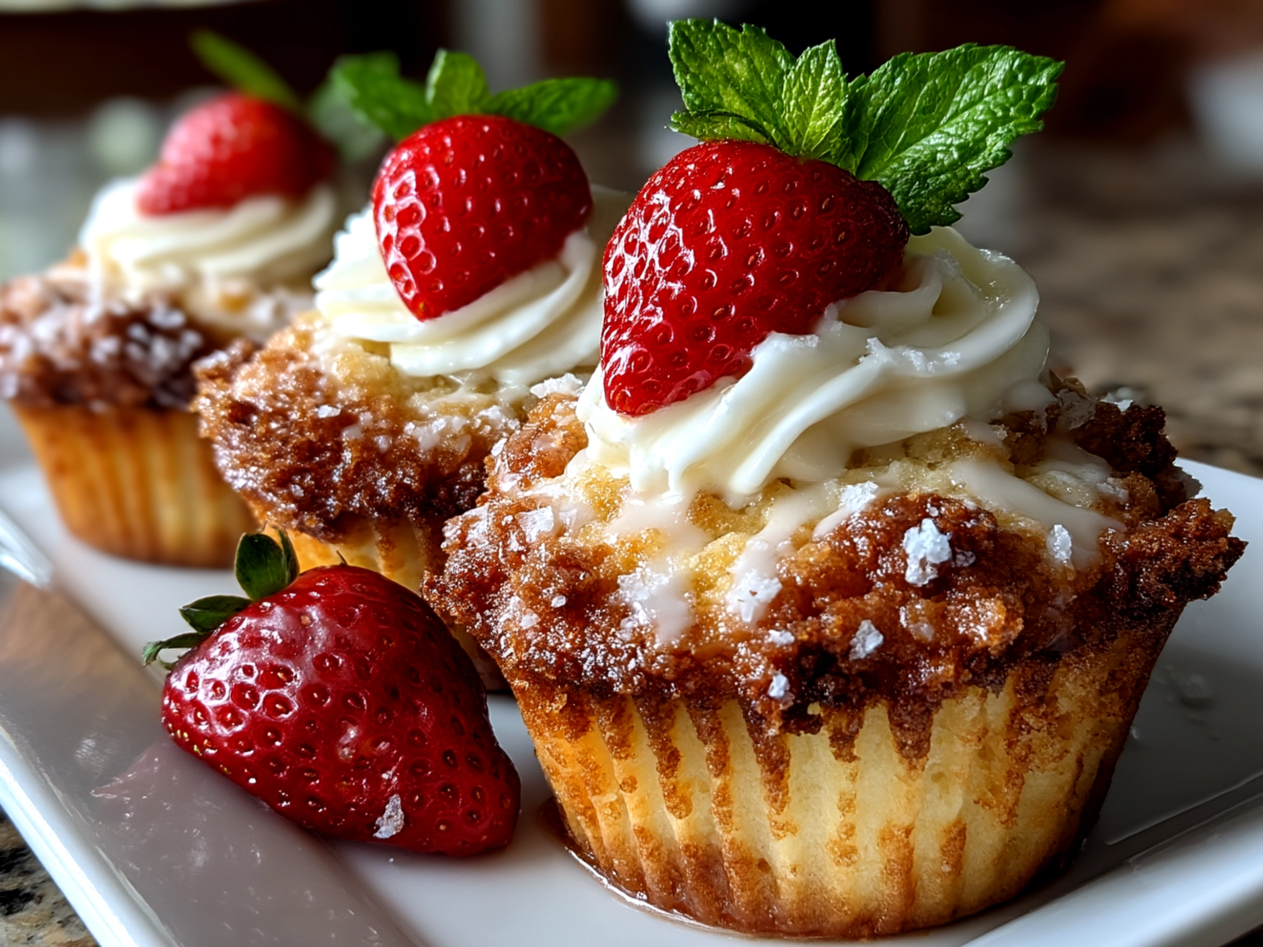 Freshly baked Strawberry Shortcake Muffins on a rustic kitchen table, golden crumbly topping and sweet glaze visible