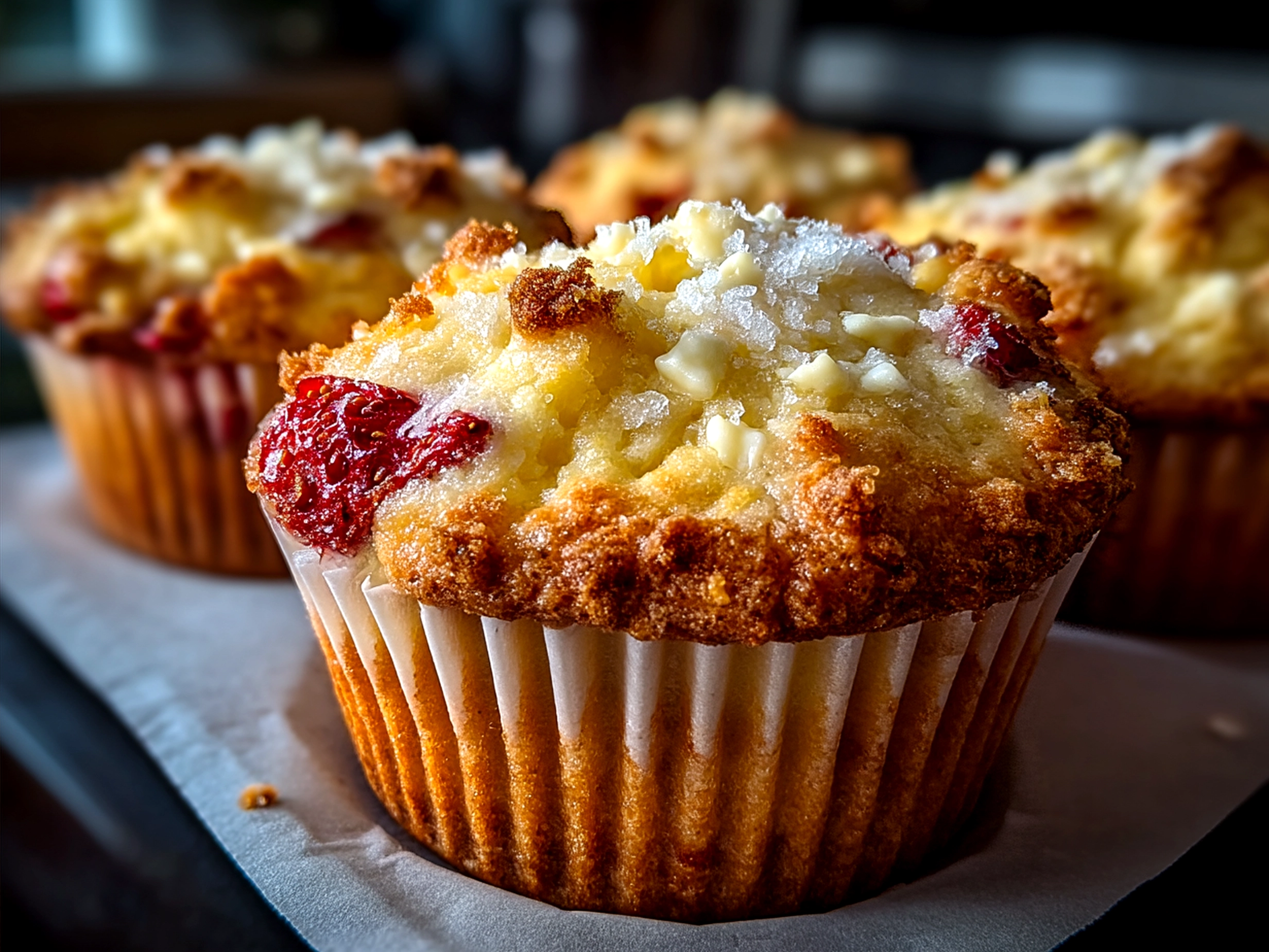 Freshly baked Strawberry White Chocolate Muffins ready to serve