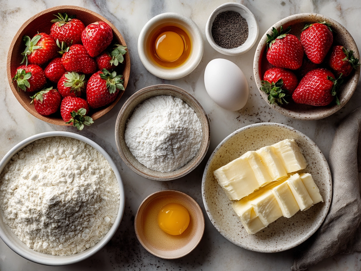 Ingredients for Strawberry White Chocolate Muffins including fresh strawberries, white chocolate chunks, flour, sugar, spices and butter