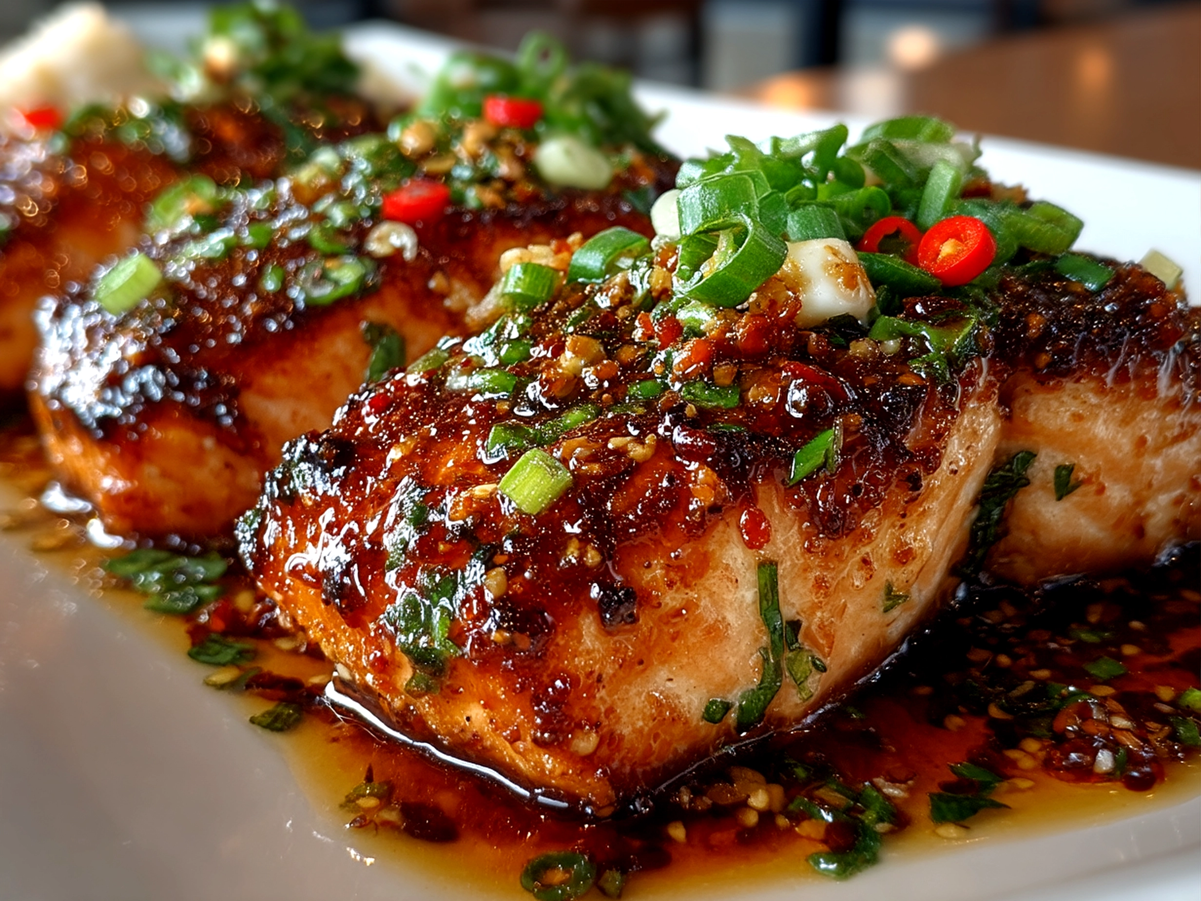 Plated Sweet Chili Garlic Salmon served with jasmine rice and sautéed green beans