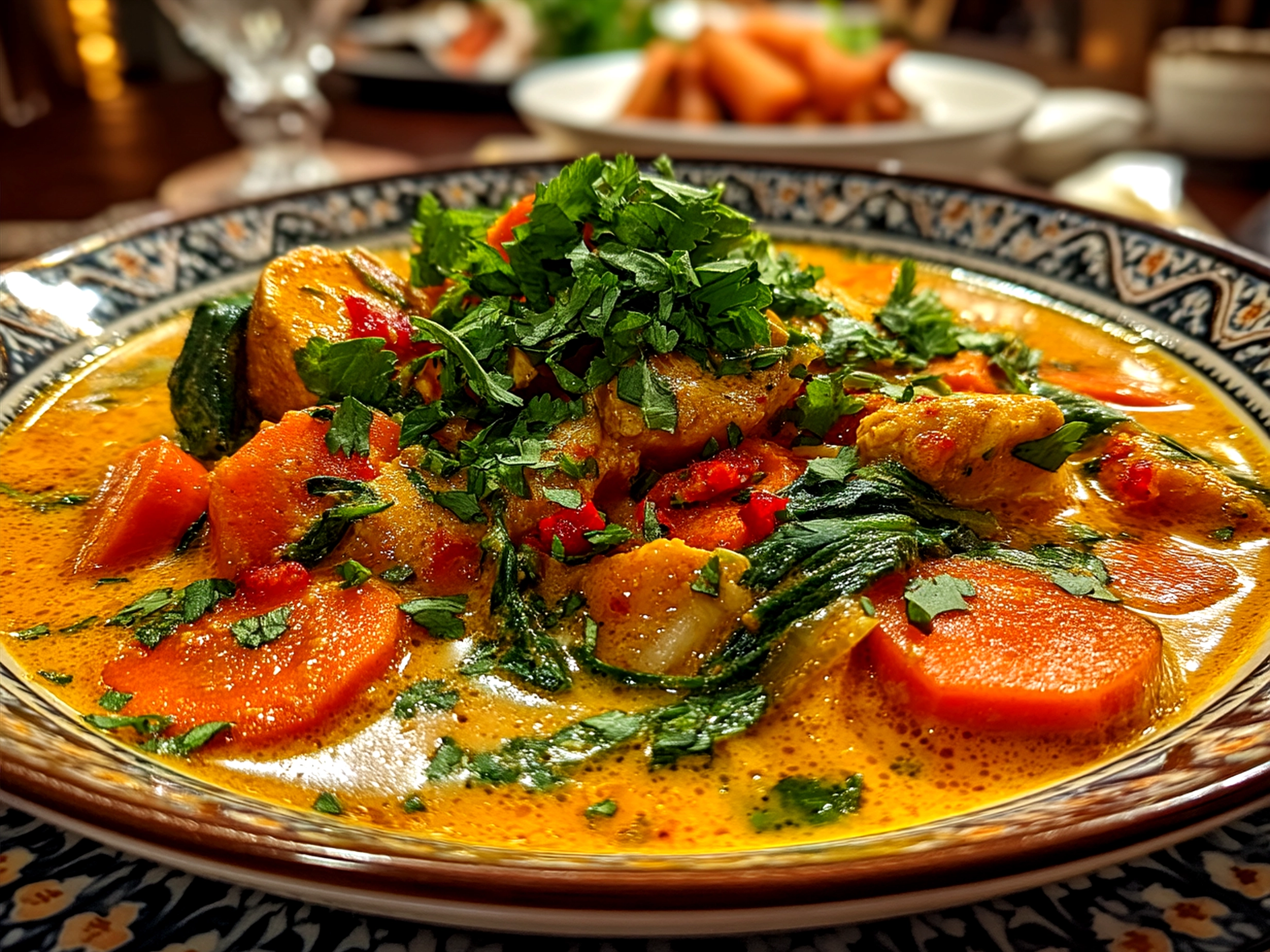 Serving of Thai Peanut Curry over jasmine rice with fresh vegetables and garnishes.