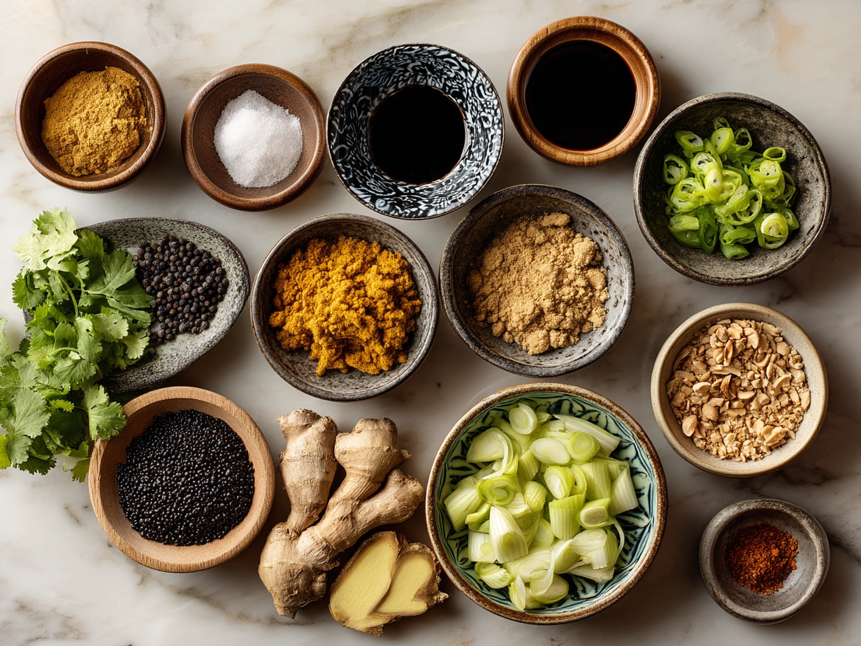 Ingredients for Thai Peanut Curry including coconut milk, vegetables, peanut butter, and spices.