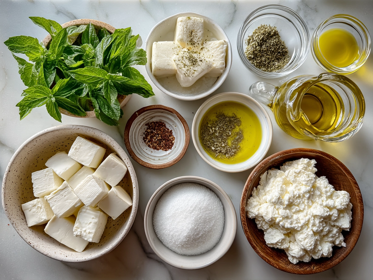 Top down view of ingredients for Boursin Cheese with Garlic and Herbs
