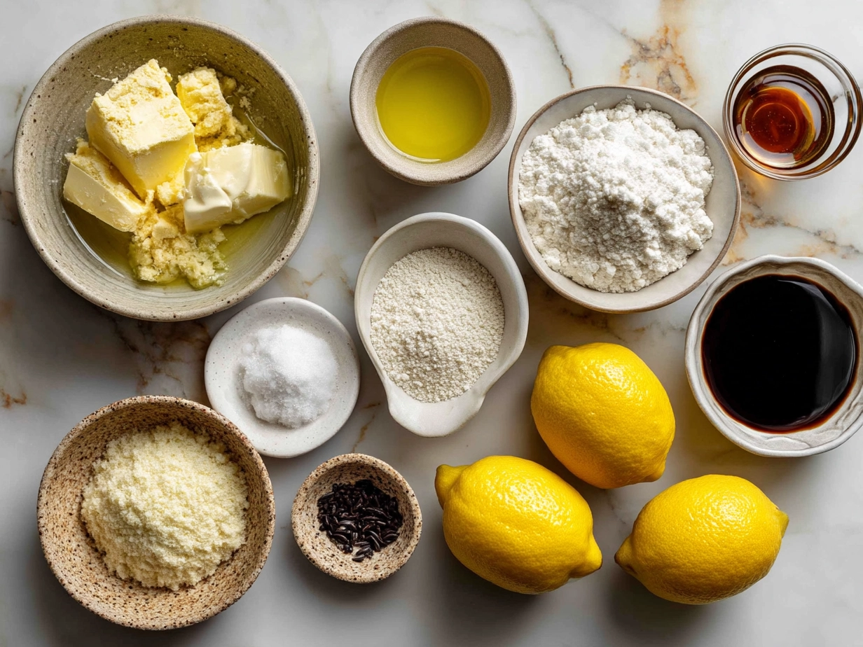 Ingredients displayed for Limoncello Cookies including flour, butter, eggs, and lemon zest