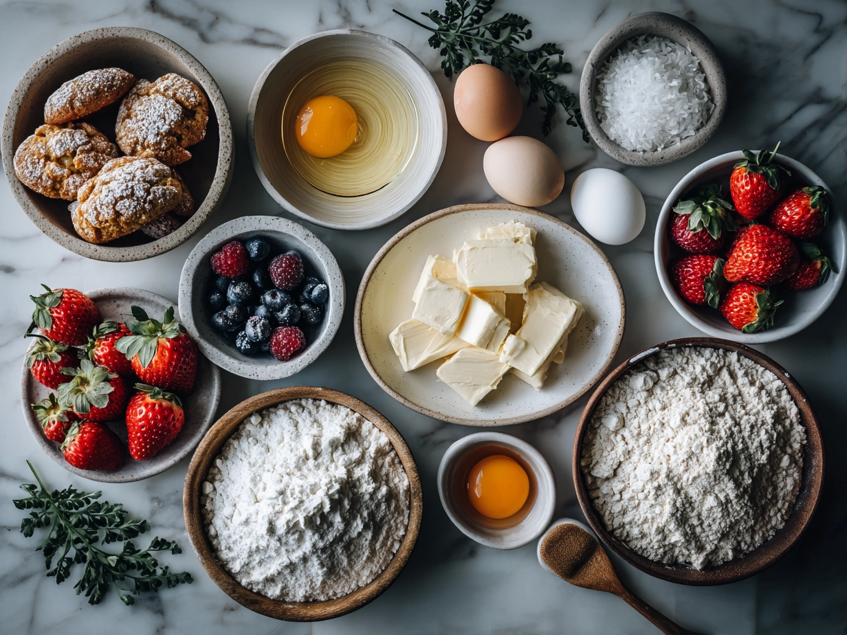 Top down view of raw ingredients for 3 Ingredient Creamy Yogurt Cake on marble countertop