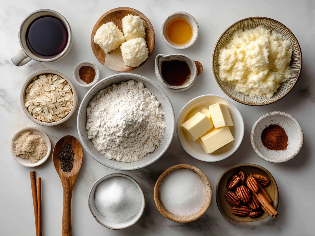 Raw ingredients for apple pie bagels including apples, flour, spices, and butter