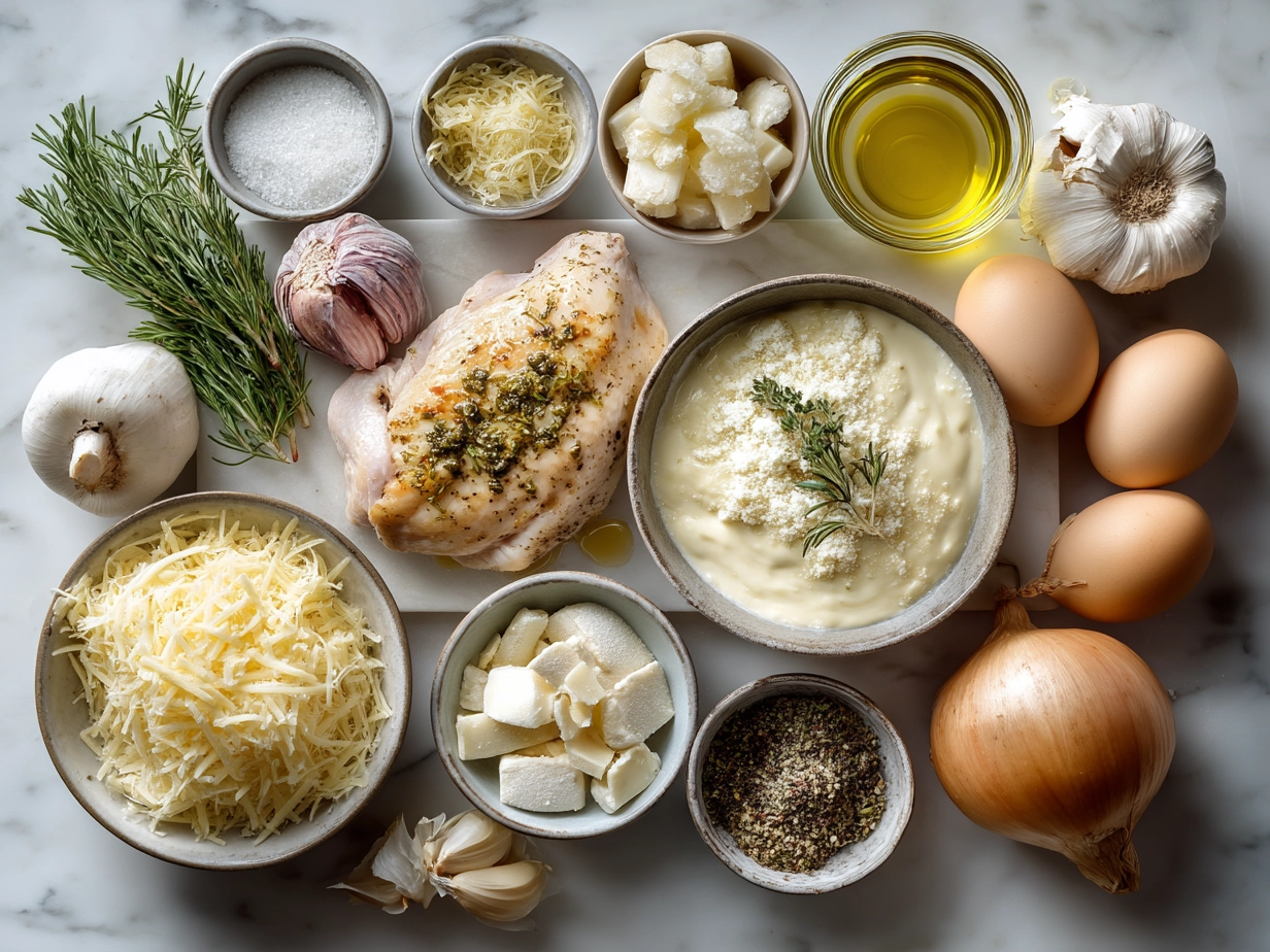 Top down view of raw ingredients for Baked Caesar Chicken: chicken breasts, Parmesan cheese, garlic, olive oil, Caesar dressing, Italian herb seasoning