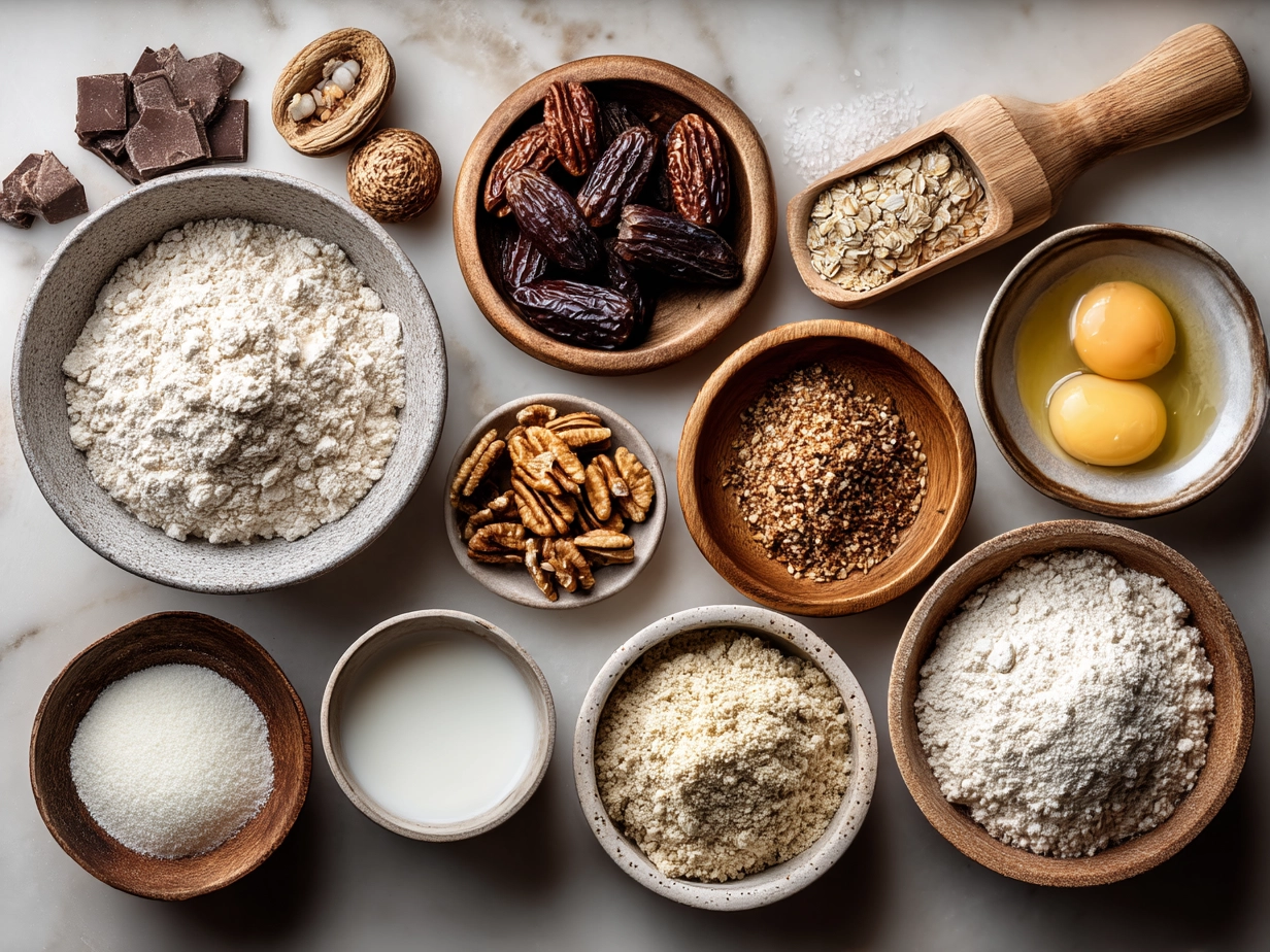 Raw ingredients for Banana Nut Bagels including bananas, nuts, flour, and spices