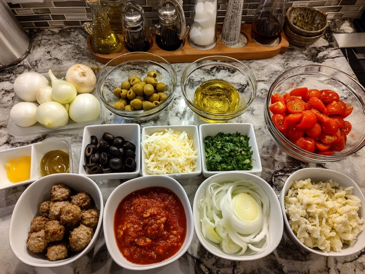 Ingredients for BBQ sausage bites laid out on marble surface