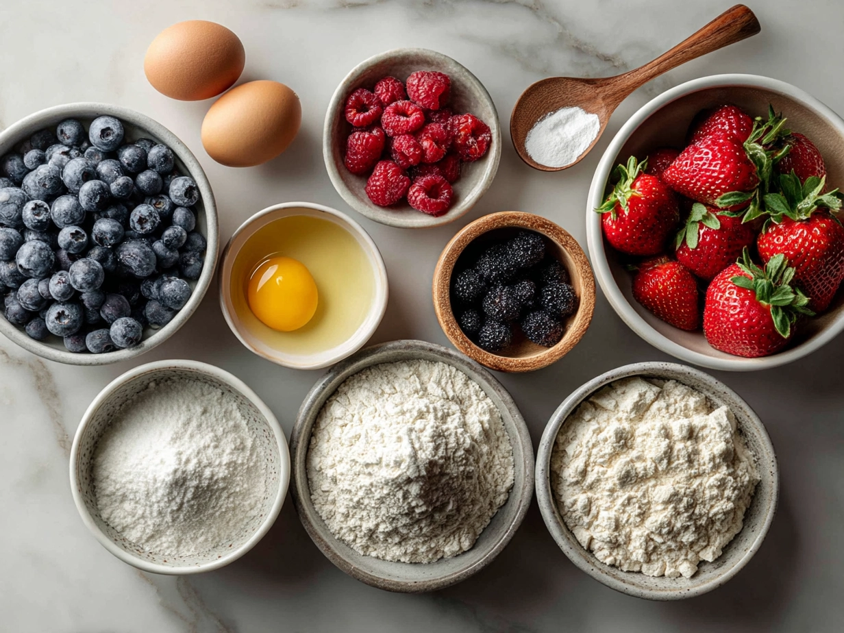 Raw ingredients for Berry Croissant Bake on marble surface