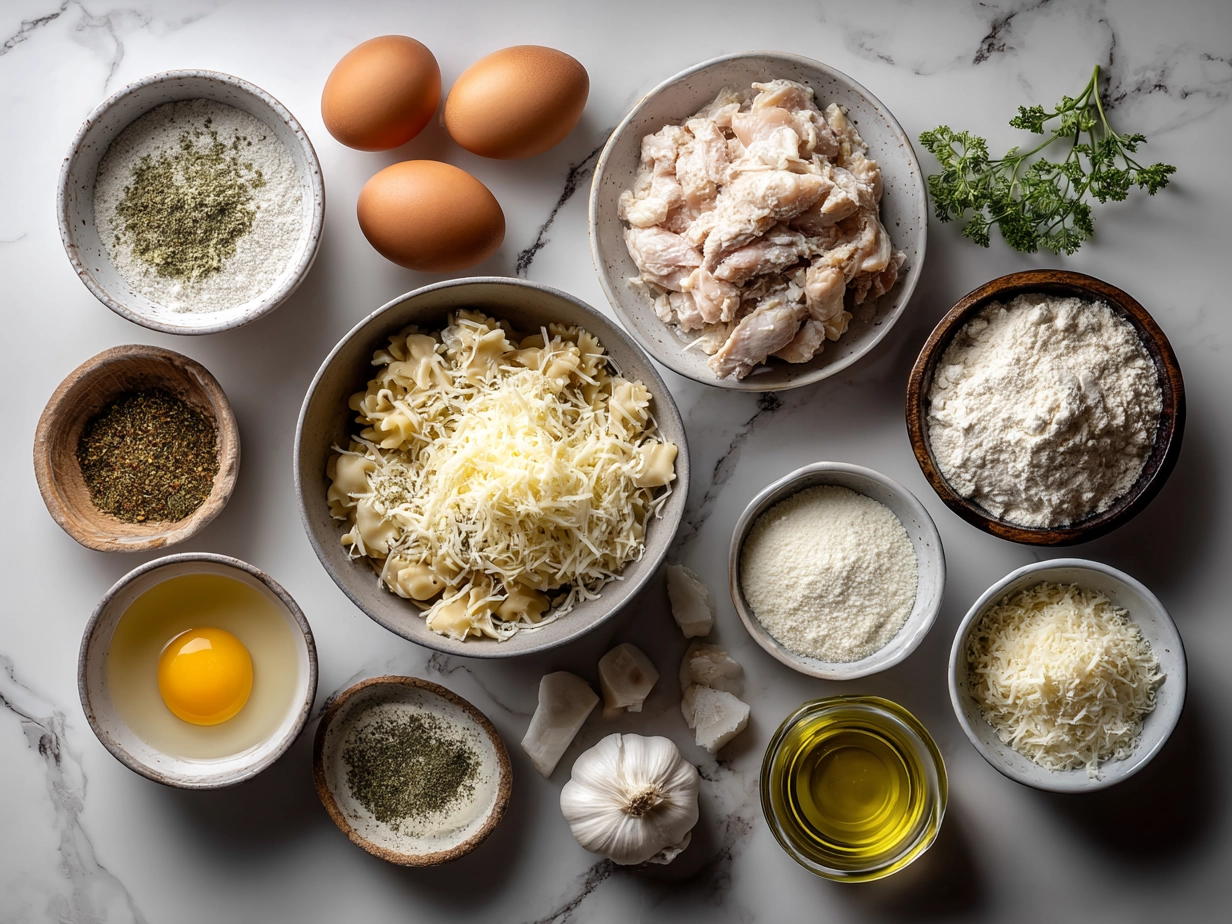 Top down image of raw ingredients for Chicken Alfredo Lasagna Soup on a marble surface