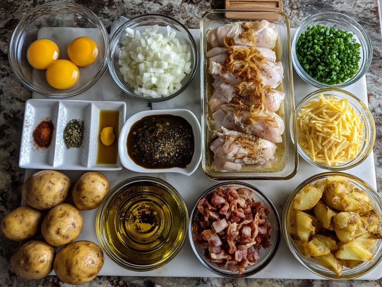 Top down view of raw ingredients for Chicken Cordon Bleu Casserole organized on marble surface