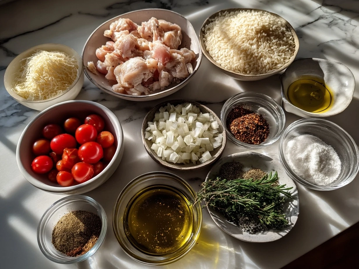 Top down view of raw ingredients for Chicken Orzo Skillet arranged on marble surface
