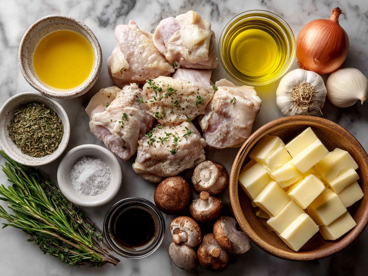 Top down view of raw ingredients for chicken stew on marble surface