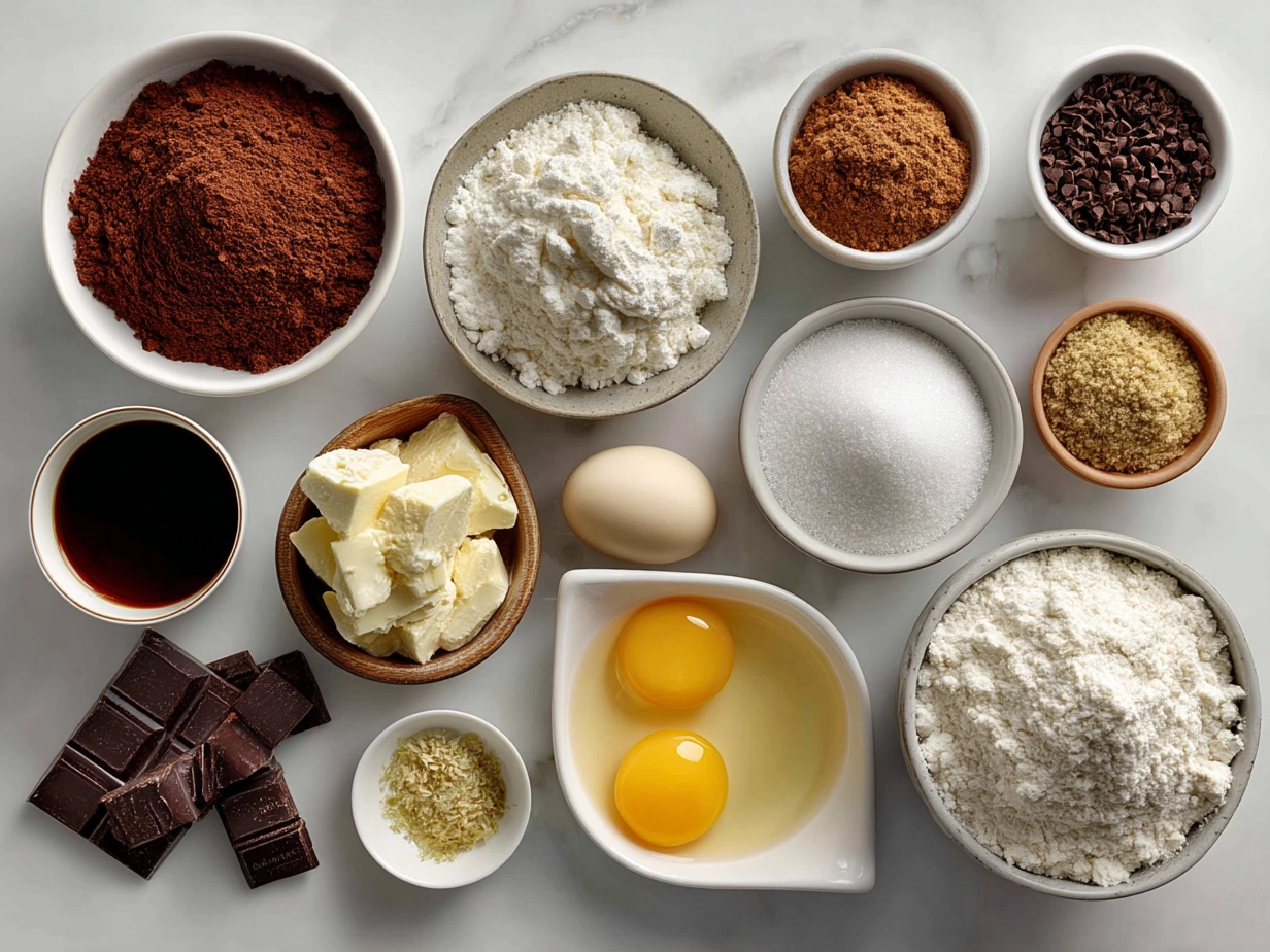 Top down view of raw ingredients for homemade chocolate cake