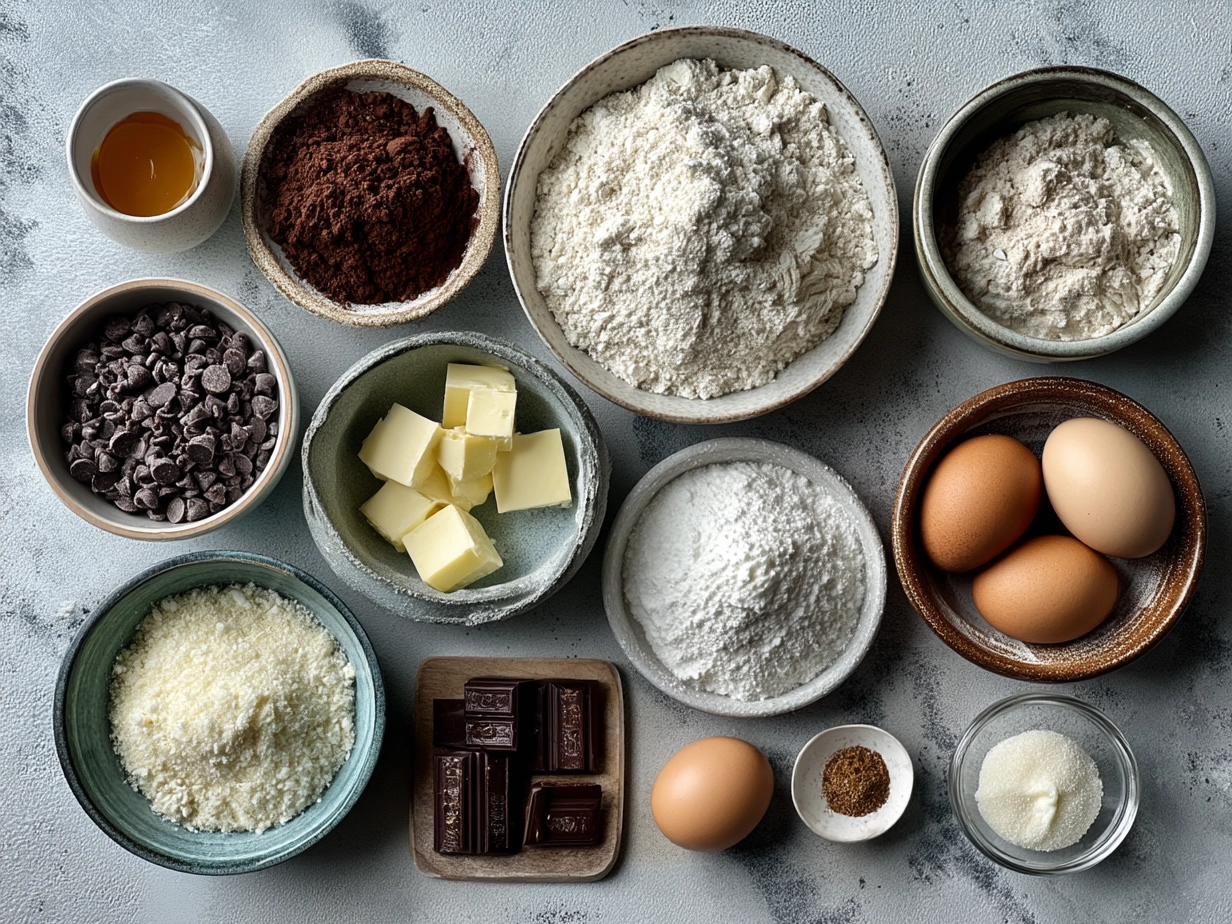 Raw ingredients for Chocolate Chip Sourdough Cruffins arranged on white marble surface