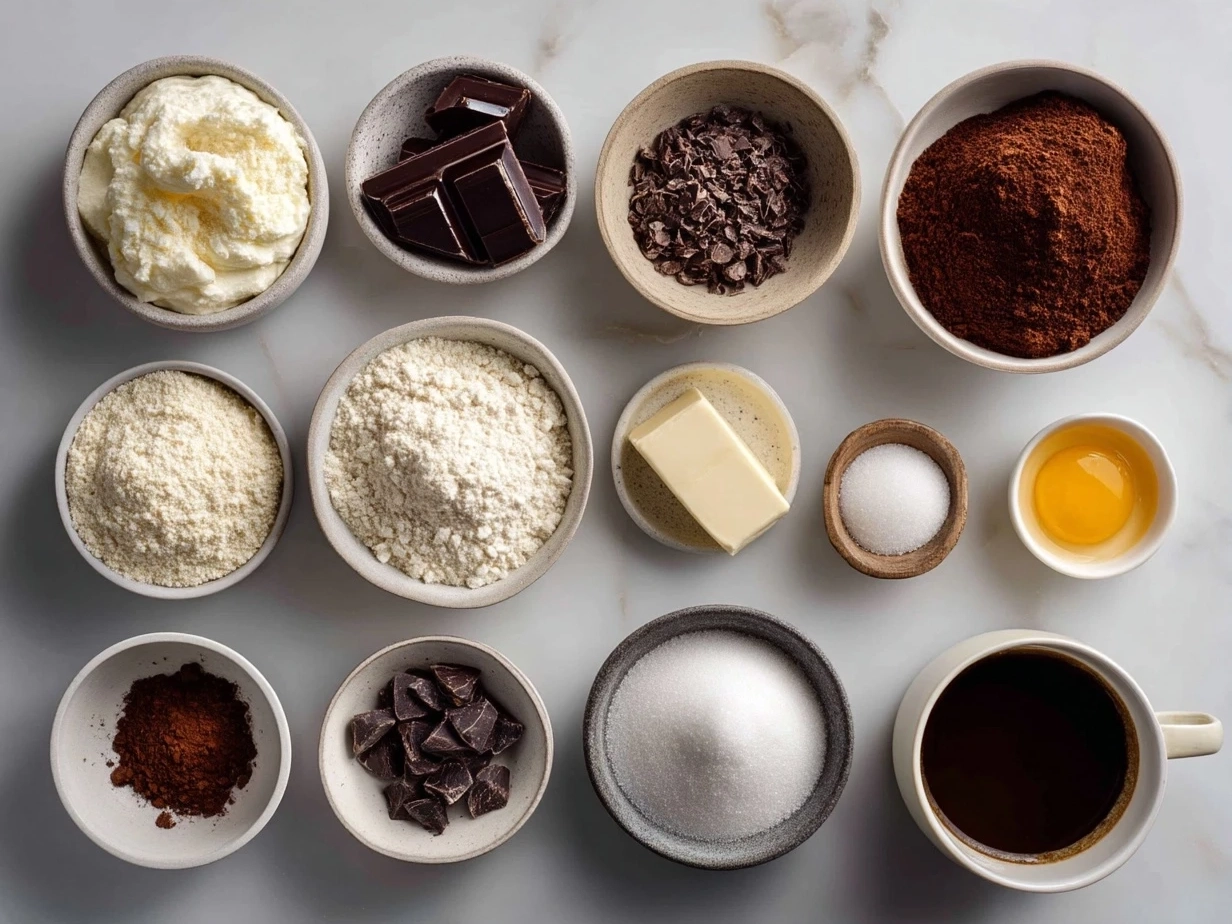 Raw ingredients for chocolate lava cake including chocolate, eggs, butter, sugar, and flour