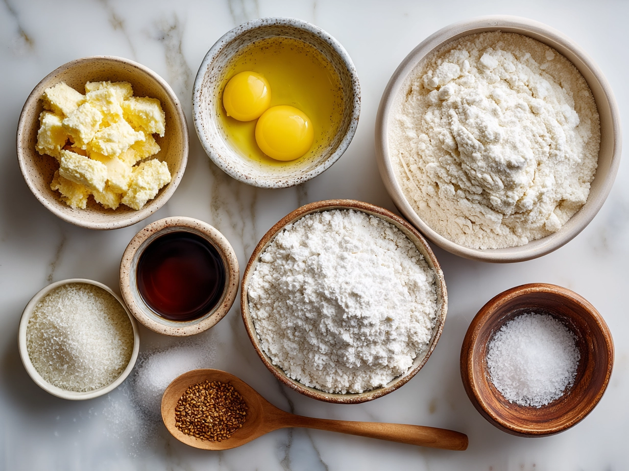 Ingredients for Coconut and Pineapple Cottage Cheese Muffins arranged on white marble surface