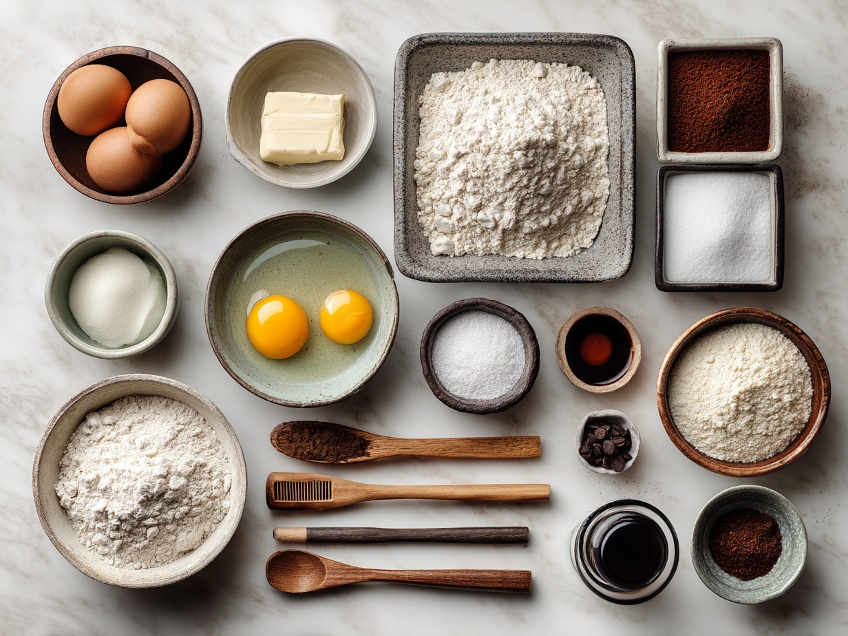 Top down view of raw ingredients for cookie croissant on marble surface