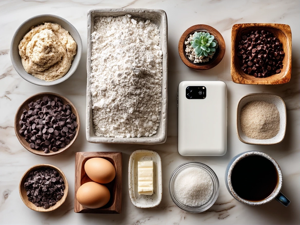 Top-down view of raw ingredients for Cookie Dough Greek Yogurt with Chocolate Chips on marble surface