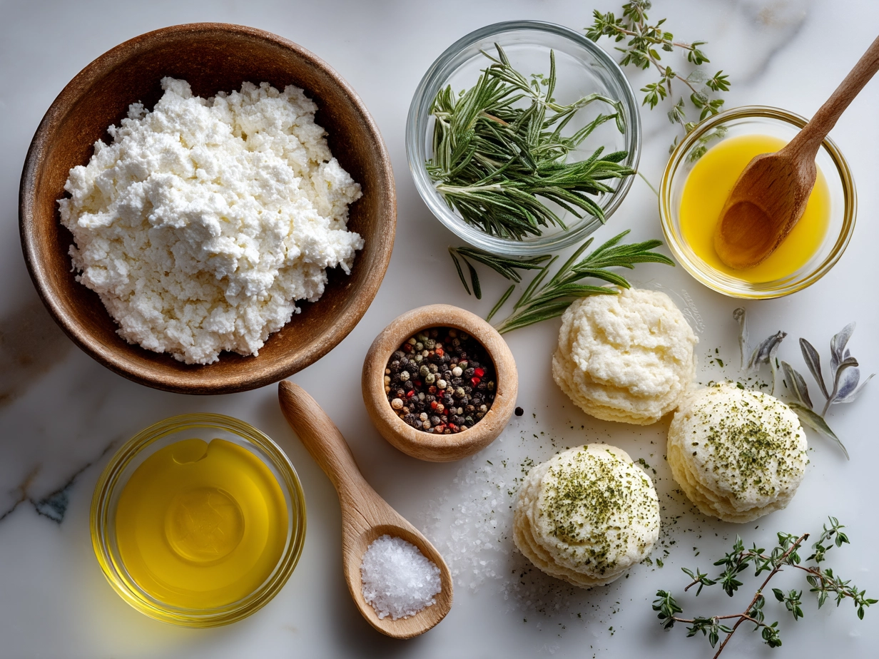 Top-down view of raw ingredients for cottage cheese and herb biscuits