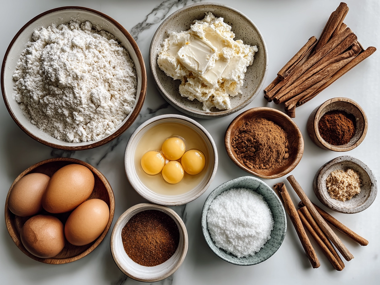 Raw ingredients for Cottage Cheese Cinnamon Roll Mug Cake laid out on marble countertop