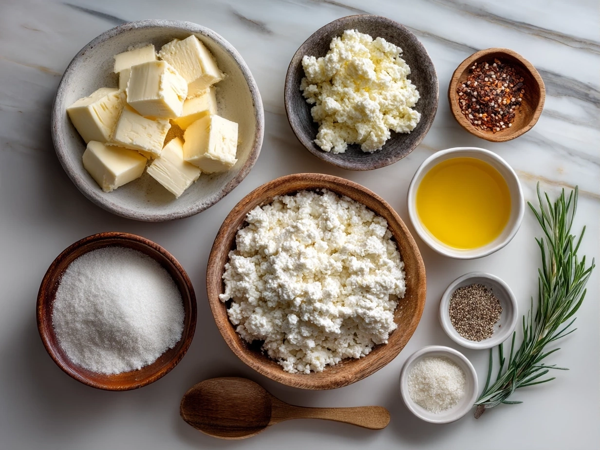 Top-down view of raw ingredients for cottage cheese flatbread pizza arranged on marble surface