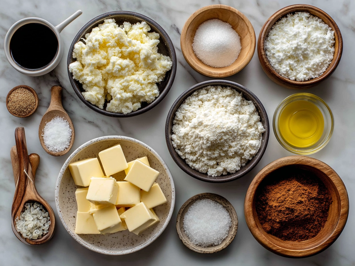 Raw ingredients for making Cottage Cheese Tots laid out from a top-down view
