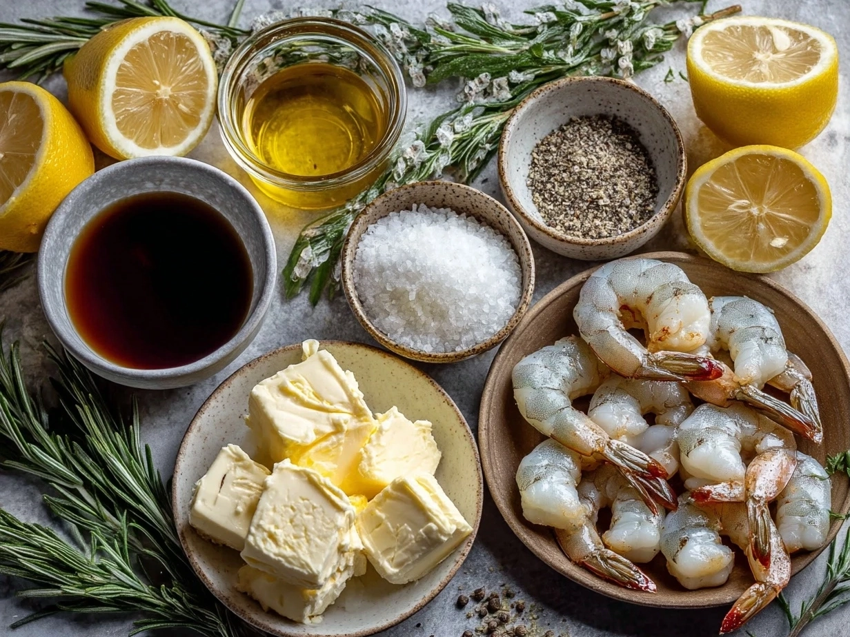 Raw ingredients for creamy garlic butter shrimp arranged on marble surface