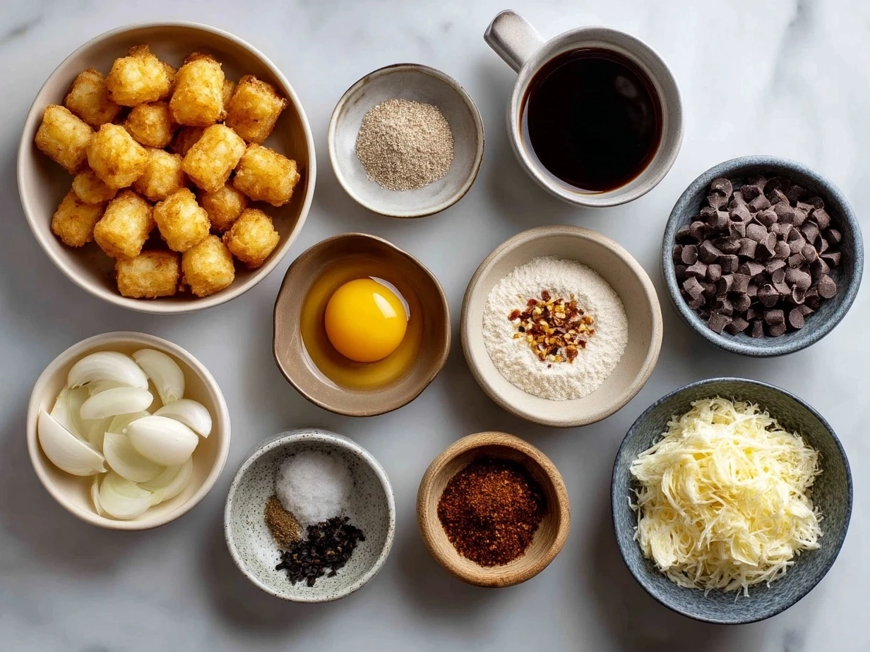 Raw ingredients for crispy tater tots laid out on marble