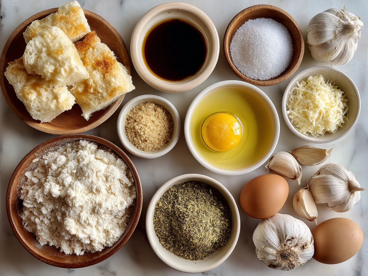 Raw ingredients for garlic bread on marble surface