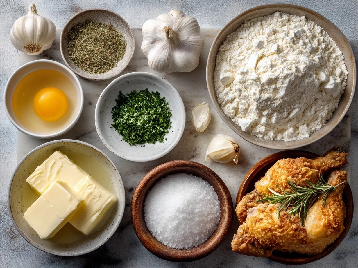 Top-down raw ingredients for garlic butter fried chicken on marble, modern kitchen organized mise en place