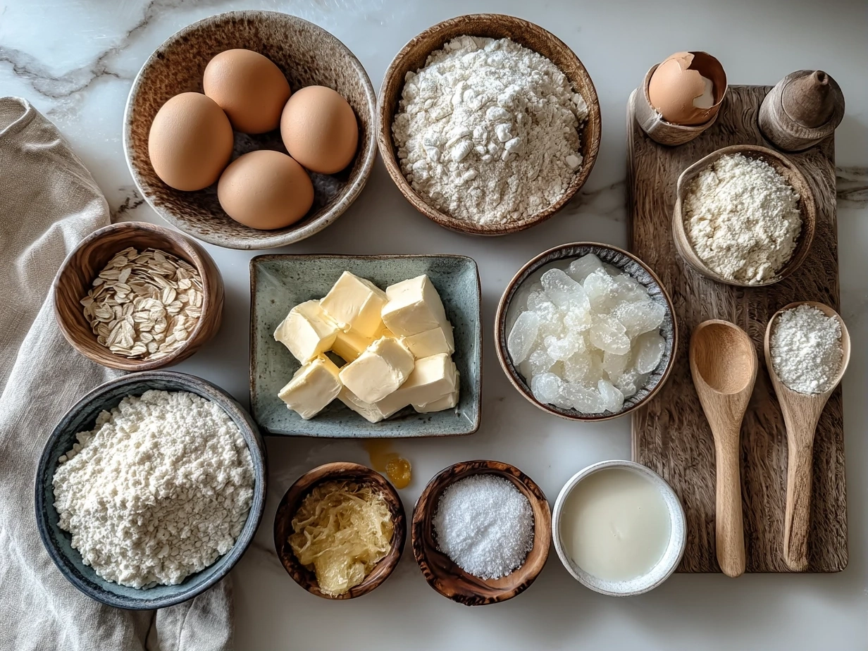 Raw ingredients arranged for Gluten-Free Greek Yogurt Bagels on a marble surface