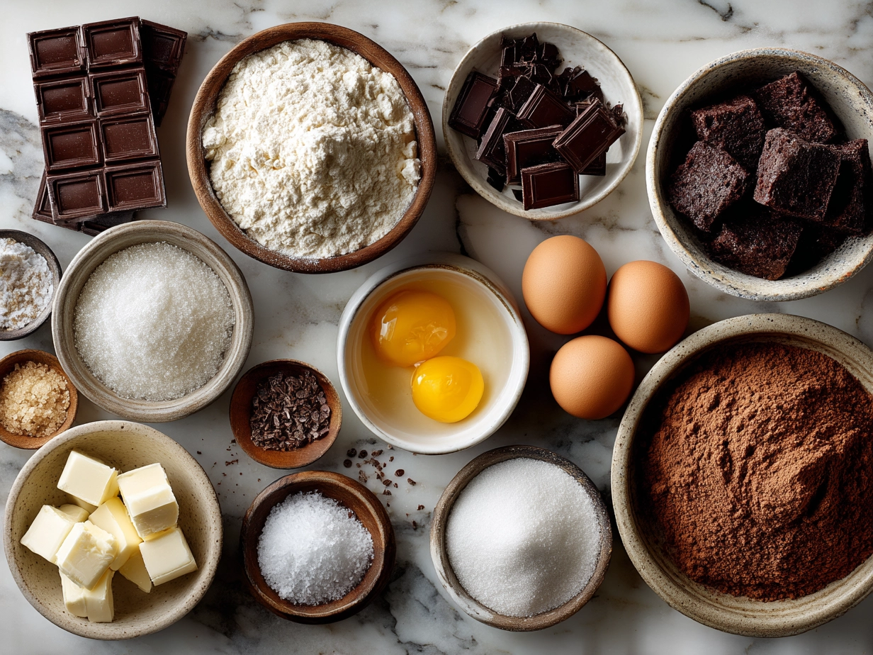 Ingredients laid out for gooey chocolate cake on a marble surface