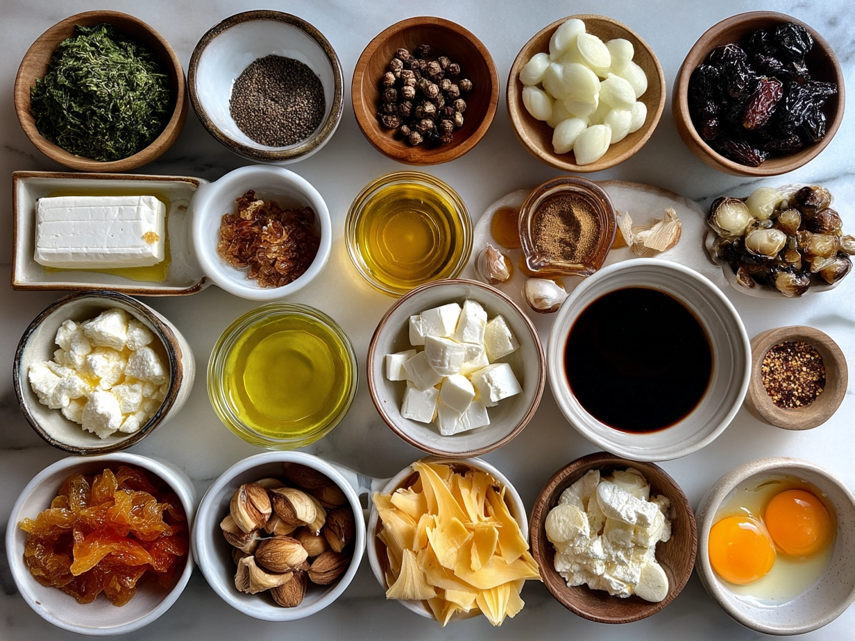 Ingredients for Honey-Drizzled Goat Cheese Bites laid out on a table