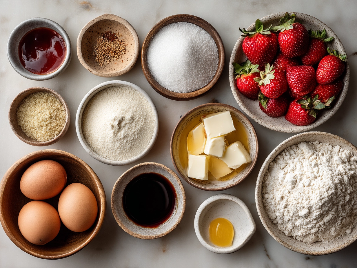 Top down view of raw ingredients for Keto Strawberry Muffins with Almond Flour