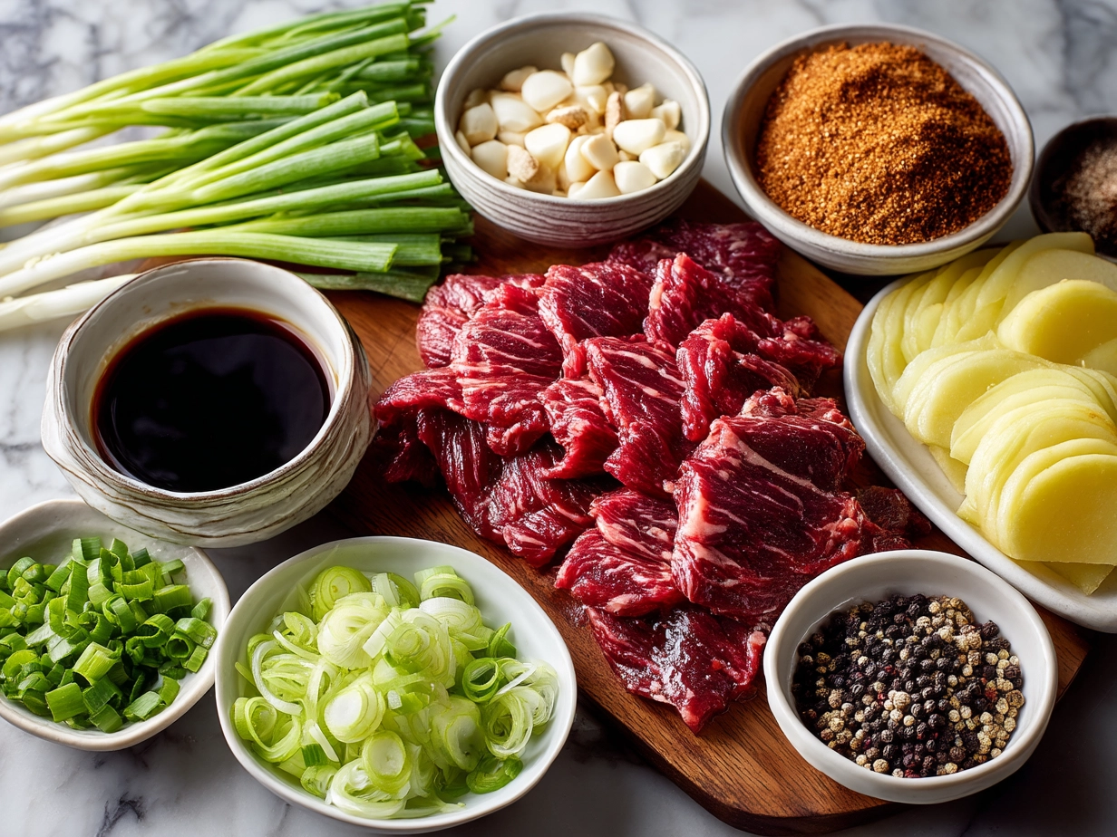 Top-down view of raw ingredients for Korean BBQ Beef on marble counter, showing organized mise en place in a modern kitchen