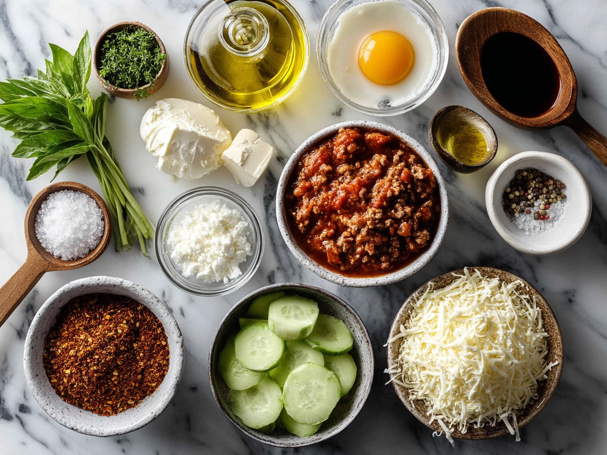 Top down raw ingredients for lasagna soup on marble, modern kitchen organized mise en place